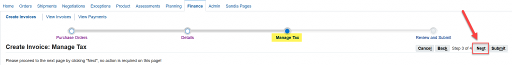 next button at step: manage tax