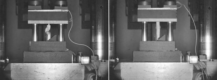 In this impact test of a hollow metal housing, the one-piece AM design on the right is both lighter and stronger than the conventional two-piece machined and welded design on the left.