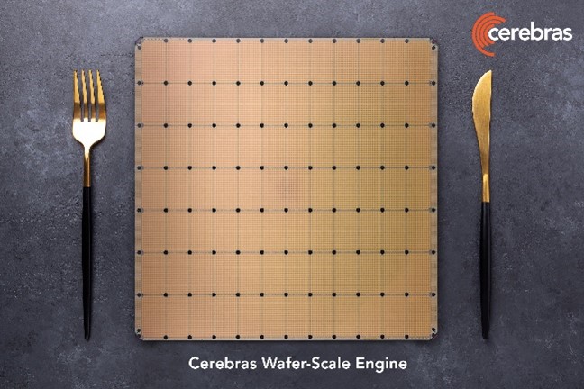 Cerebras WSE-3 positioned to show size comparison to that of a dinner plate.