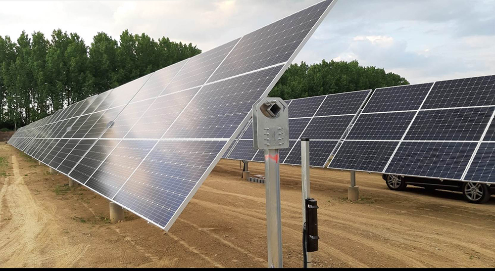 A single-axis tracking system deployed in the field. Image from Valsa, a solar supplier.