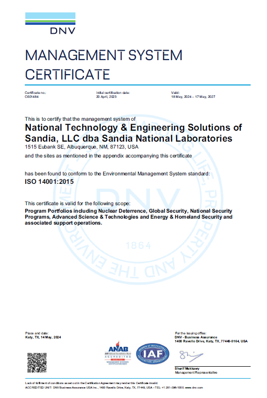 Image of Certificate-Sandia-National-Laboratories-ISO-14001-2015-Albuquerque-Issued2024-5