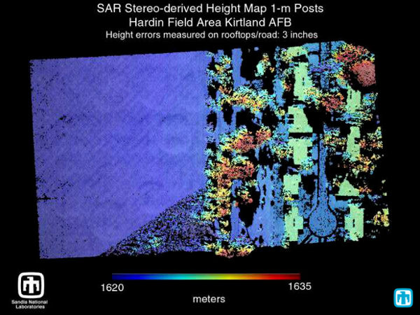 Fine resolution StereoSAR image of Kirtland AFB housing next to a large field.