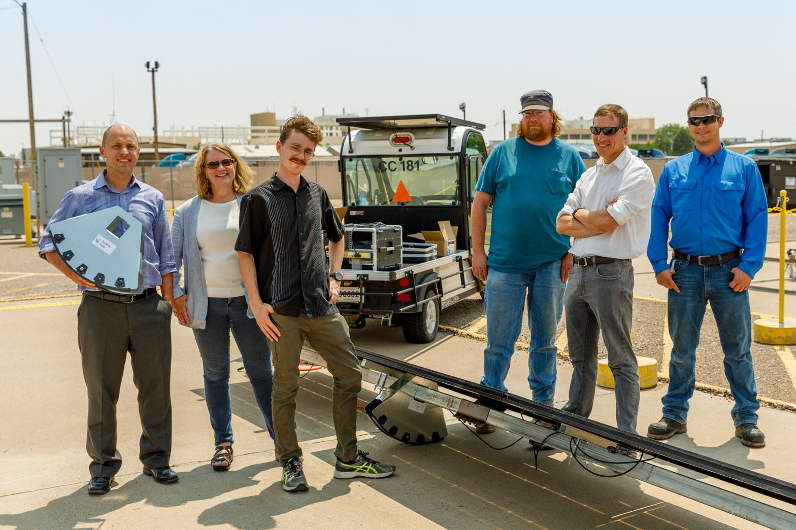 From left to right: CEO of Rocking Solar, Darin Palmer; Sandia PV Researcher, Laurie Burnham; Student, Joseph Coston; PV Technologist, Doug Robb; Sandia PV Researcher, Dan Riley; and PV Technologist, William Snyder.