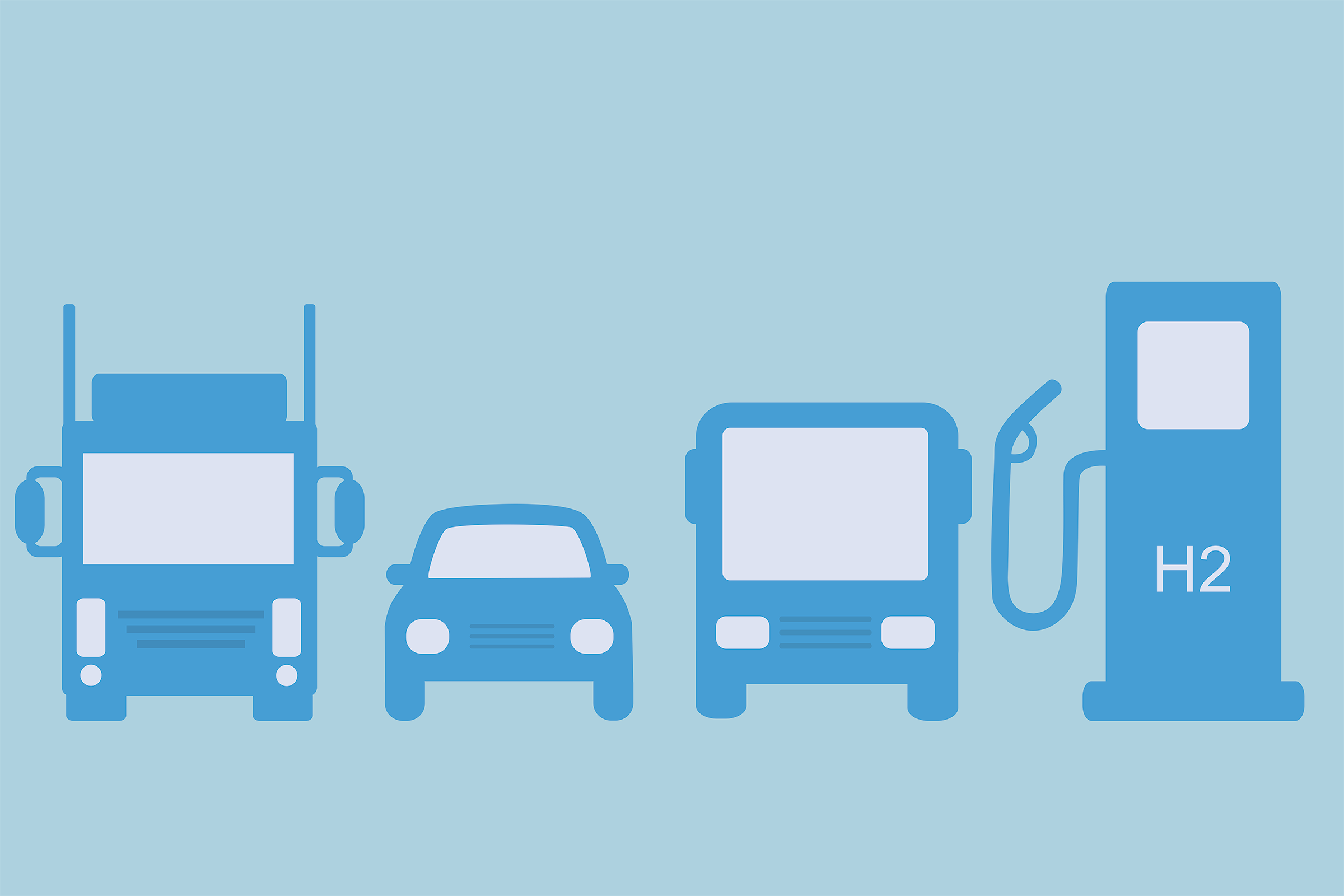 Illustrated cars adjacent to a fuel pump labeled with the atomic symbol for hydrogen