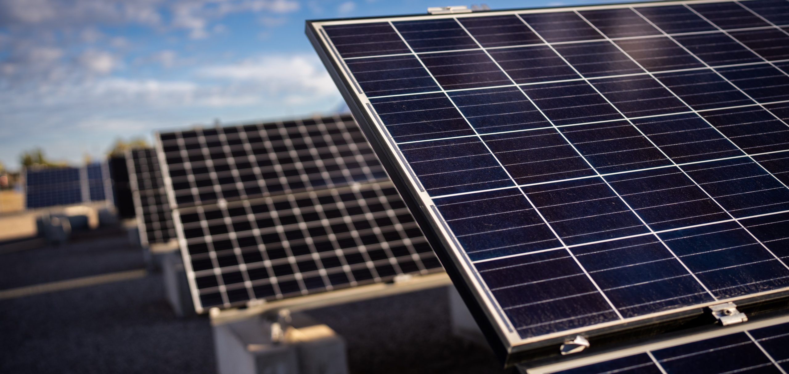 Three differnt pv panels in 3 rows and facing the sun.