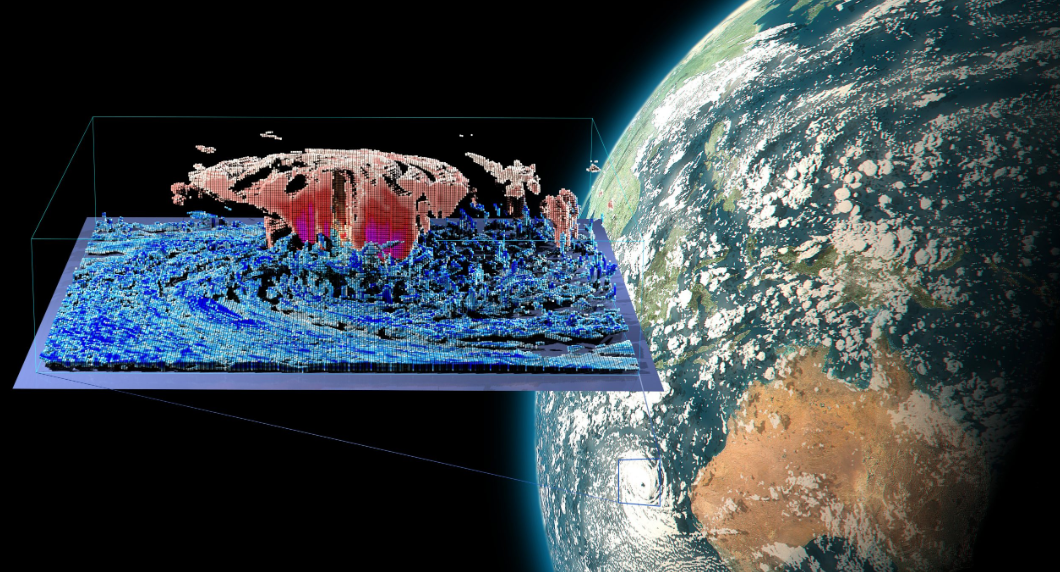 A snapshot of a global simulation superimposed on a view of the earth from space