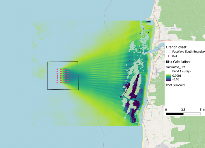 Figure: Example of a SEAT output showing risk of potential changes in seabed dynamics (i.e., erosion or deposition) caused by modified wave and circulation forces induced by a WEC array interacting with local sediment bed composition.