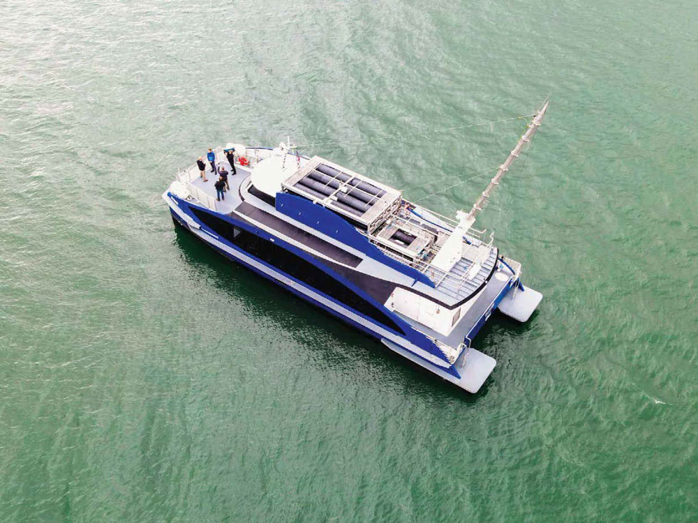 UP, UP AND AWAY — The hydrogen vent mast installed near the aft of the hydrogen-powered ferry “Sea Change” funnels potentially dangerous fumes away from people on board the vessel. The vessel was built by Zero Emission Industries, founded by former Sandian Joe Pratt. (Photo courtesy California Air Resources Board)