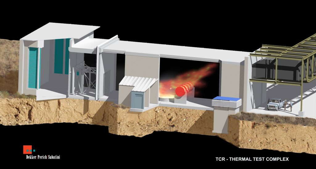 Cross-wind fires and their impacts on test objects can be studied in the Cross Flow Test Fire Facility, part of Sandia’s new Thermal Test Complex.