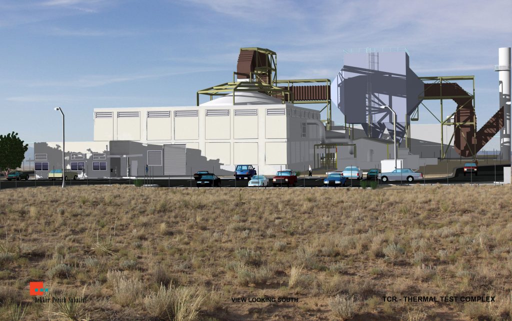 This archtect’s view of Sandia’s Thermal Test Complex shows the main labs and office building to the left and the state-of-the-art electrostatic precipitator on the right, which cleans emissions before they leave the site through the facility stack.