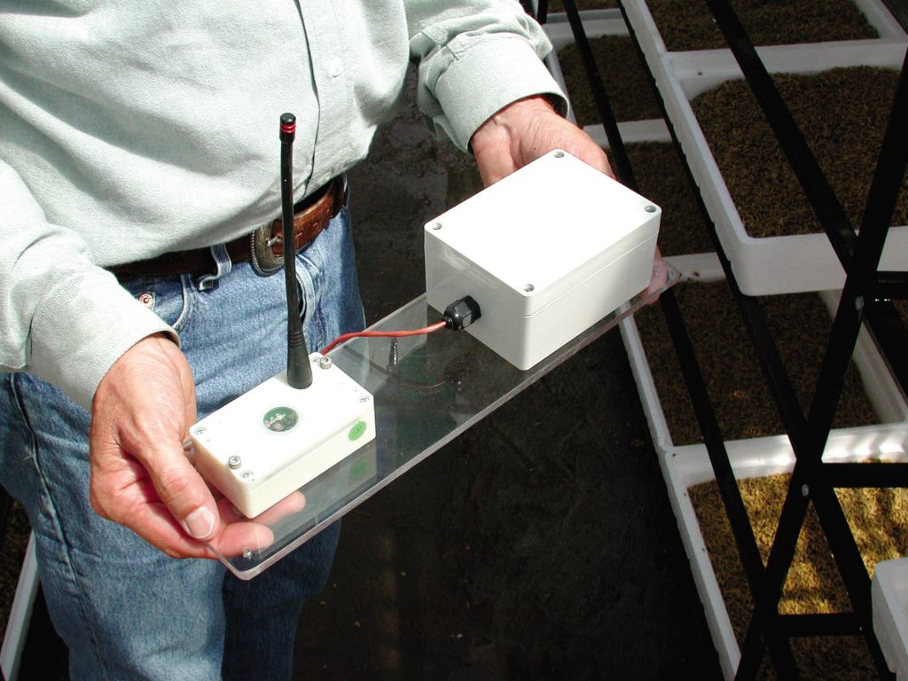 Wireless sensors are used to monitor precisely the amount of water used to grow the crops and the environment inside the greenhouse.