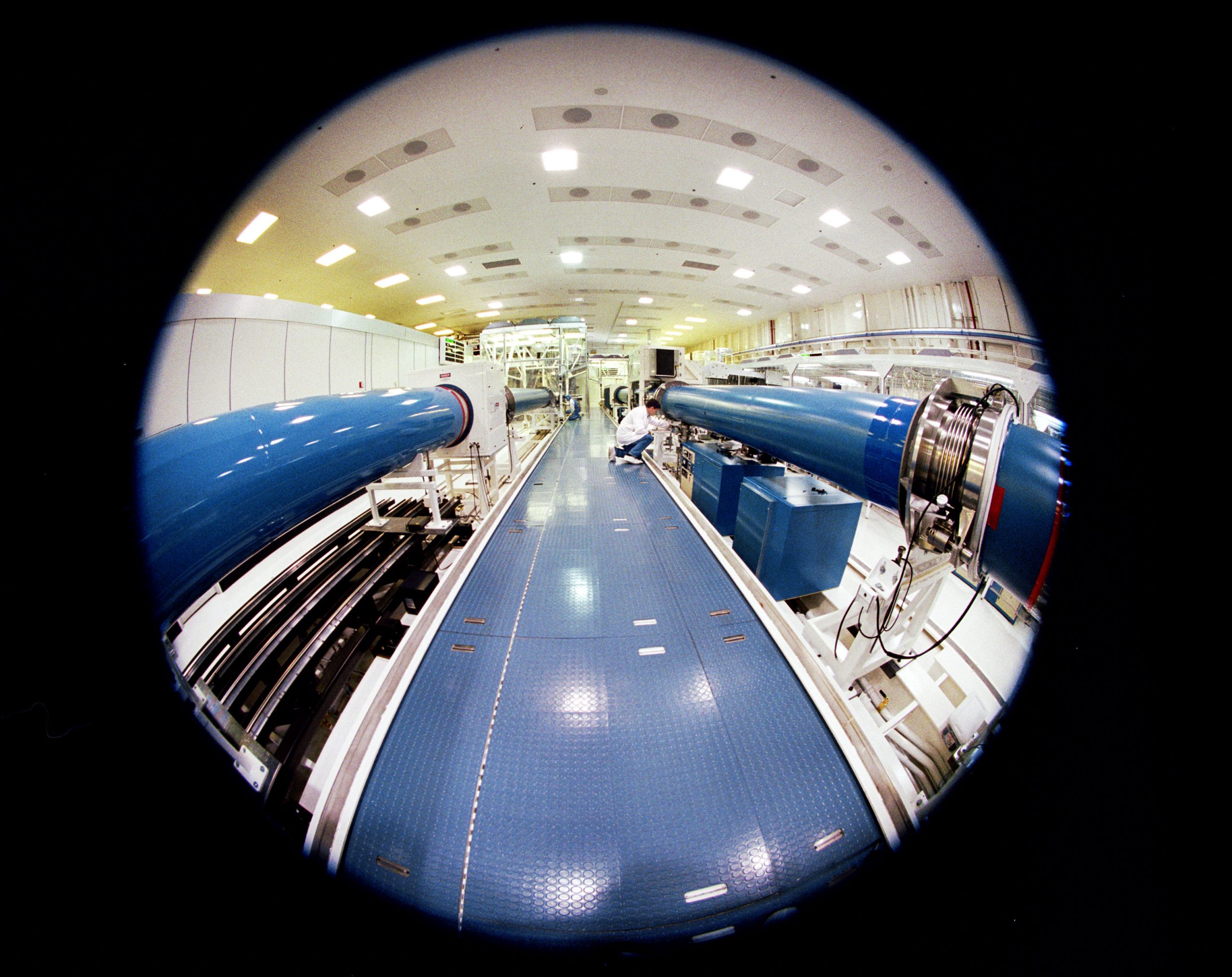 Amplified light passes through the large tubes of Sandia National Laboratories’ Z-Beamlet laser, one of the most powerful in the world.