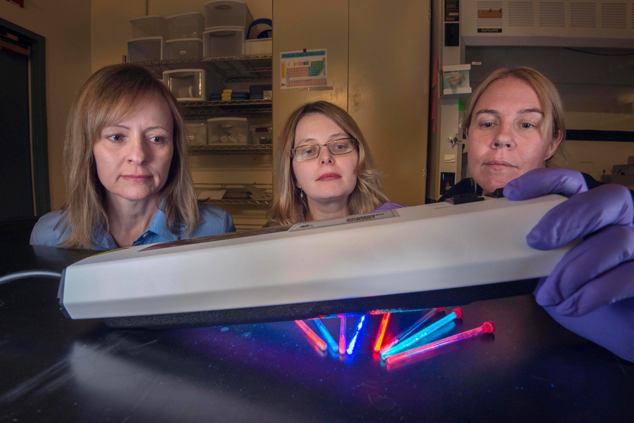 Lauren Rohwer, Dorina Sava Gallis, and Kim Butler examine tubes of glowing MOF nanoparticles that they designed, synthesized, and tested.