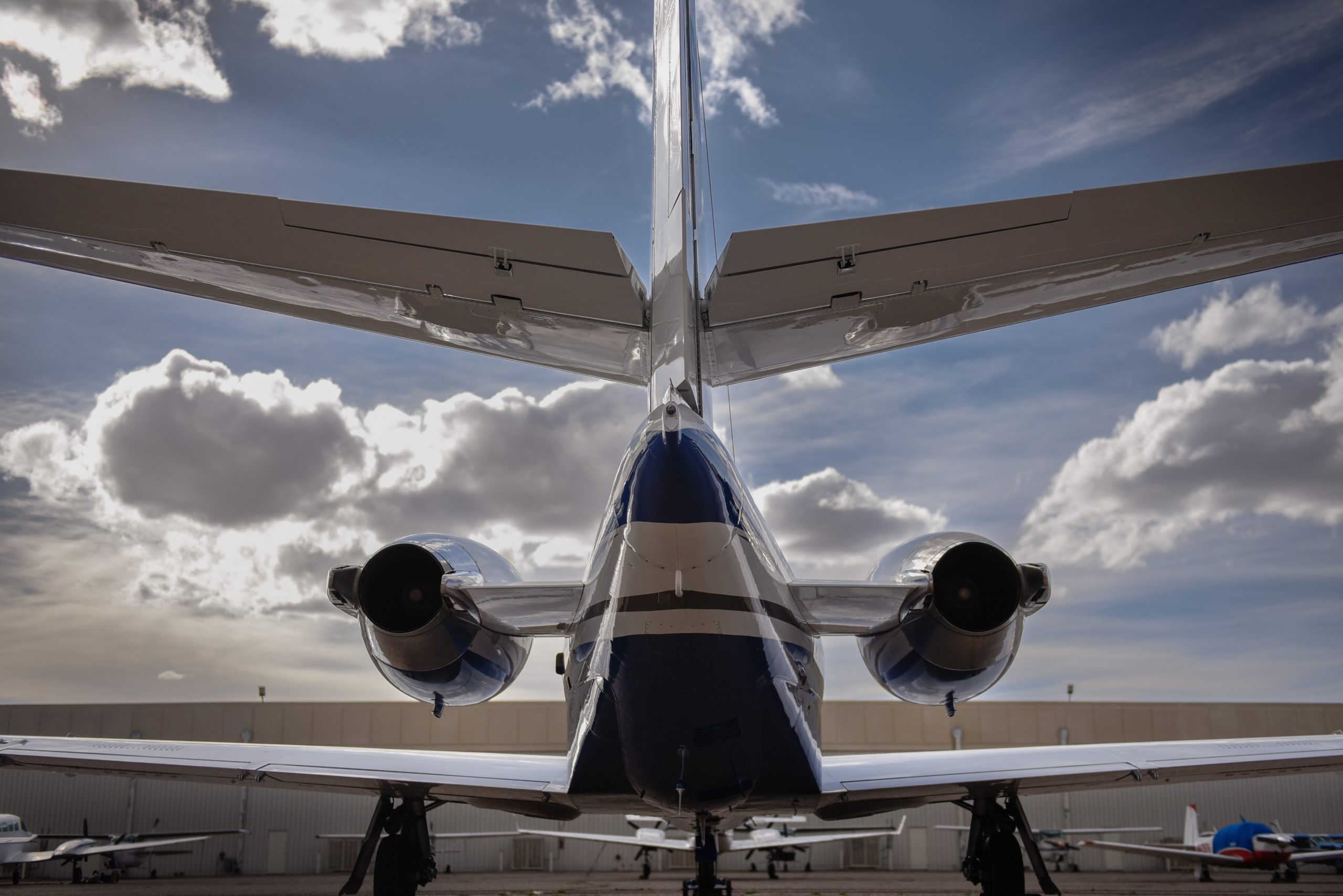 close-up rear view of airplane on tarmac