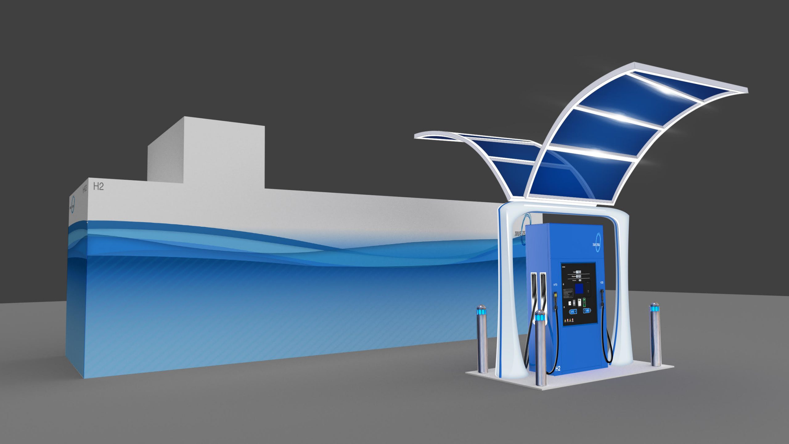 Rendering of First Element Fuel’s liquid hydrogen retail fuel pump. The pump includes a canopy on top and the fuel storage is pictured in the rear.