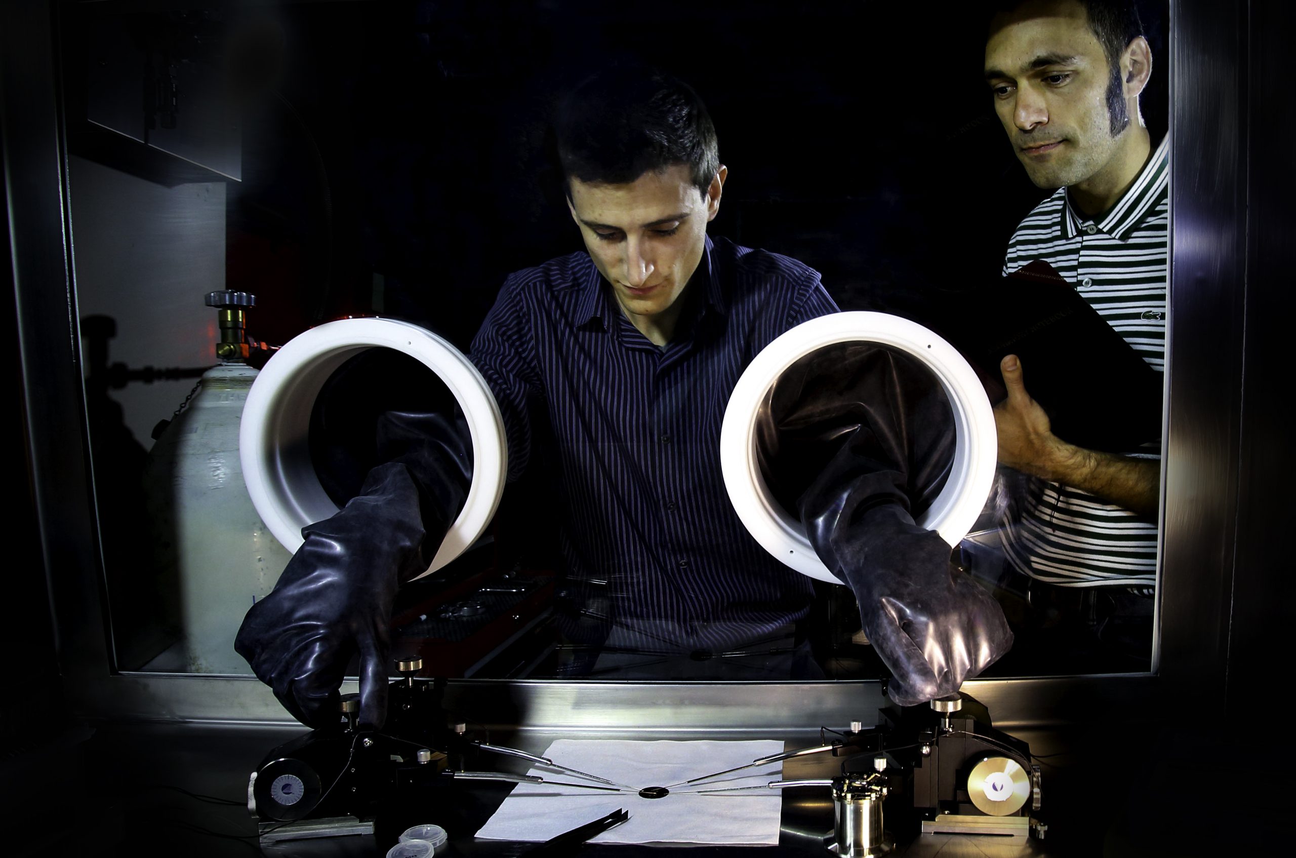 Forrest Gittleson, left, and Farid El Gabaly investigate the nanoscale chemistry