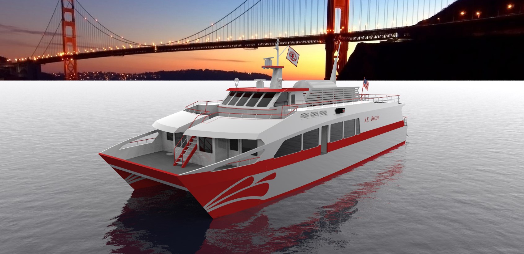 An artistic rendering of the proposed San Francisco Bay Renewable Energy Electric Vessel with Zero Emissions (SF-BREEZE), A Sandia-led study found that a high-speed, hydrogen-fueled passenger ferry is feasible. (Image courtesy of Sandia National Laboratories) Click on the thumbnail for a high-resolution image.