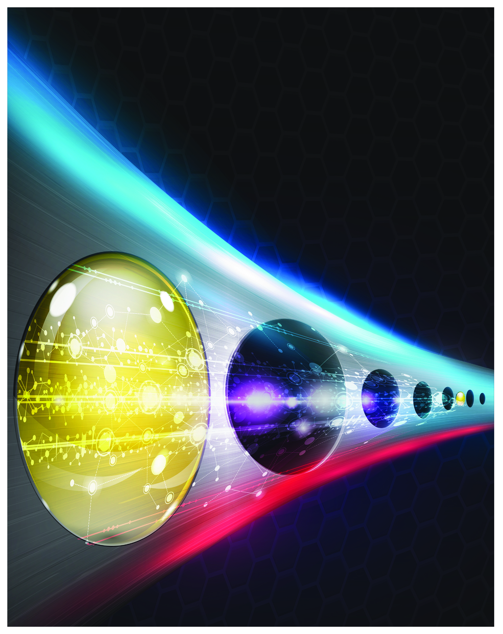 This stylized illustration of a quantum bridge shows an array of holes etched in diamond with two silicon atoms placed between the holes. (Illustration courtesy of Sandia National Laboratories) Click on the thumbnail for a high-resolution image.