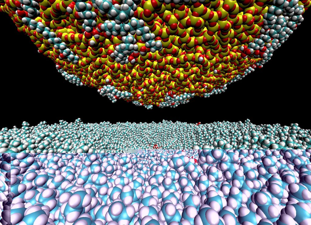 Rendering of Sandia simulations by Michael Chandross demonstrates significant transfer of material to the probe tip of an atomic force microscope