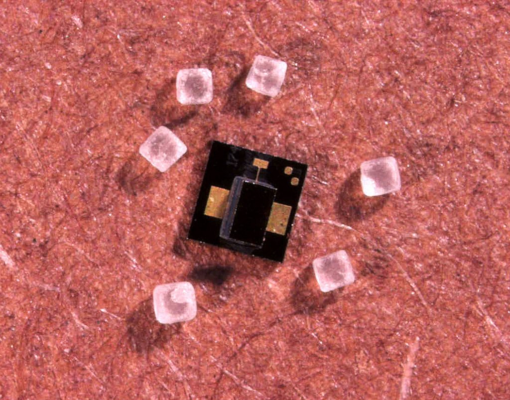 A MEMS test unit sits under the black box that contains its atmosphere. The gold plates beside it are wiring sites. Next to the device, for size comparisons, are grains of table salt.