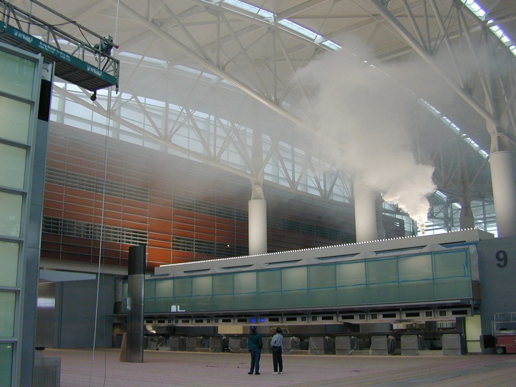 In developing “Guidelines to Improve Airport Preparedness Against Chemical and Biological Terrorism”, Sandia and its collaborators conducted research to understand how toxic agents would spread through an airport. They also studied the effectiveness of HVAC responses and conducted extensive gas and smoke tracer tests, leading to a set of recommendations targeted at improving the preparedness of airports and other facilities with wide-open, interconnected spaces.Download 300dpi JPEG image, “airport-smoke-test.jpg,” 332K (Media are welcome to download/publish this image with related news stories.)