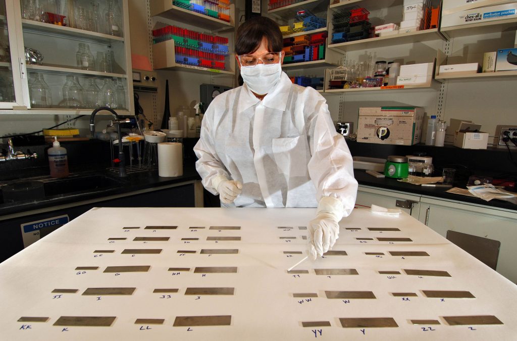 Sandia researcher Mollye Wilson samples Bacillus atrophaeus spores, bacteria similar to anthrax, but not toxic, as part of a study to determine numbers of viable organisms existing on a surface.