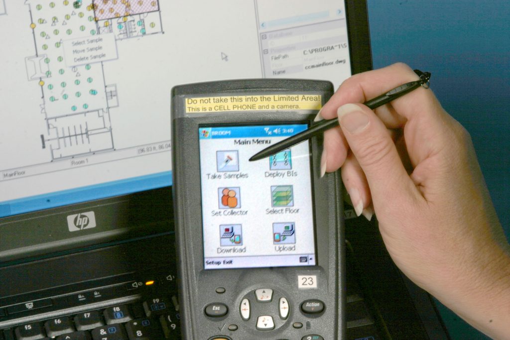 Sandia’s BROOM system includes a personal digital assistant (PDA) application that allows users to generate precise contamination maps and sample locations. The application runs on the Pocket PC operating system and makes use of a Bluetooth-controlled laser range finder.