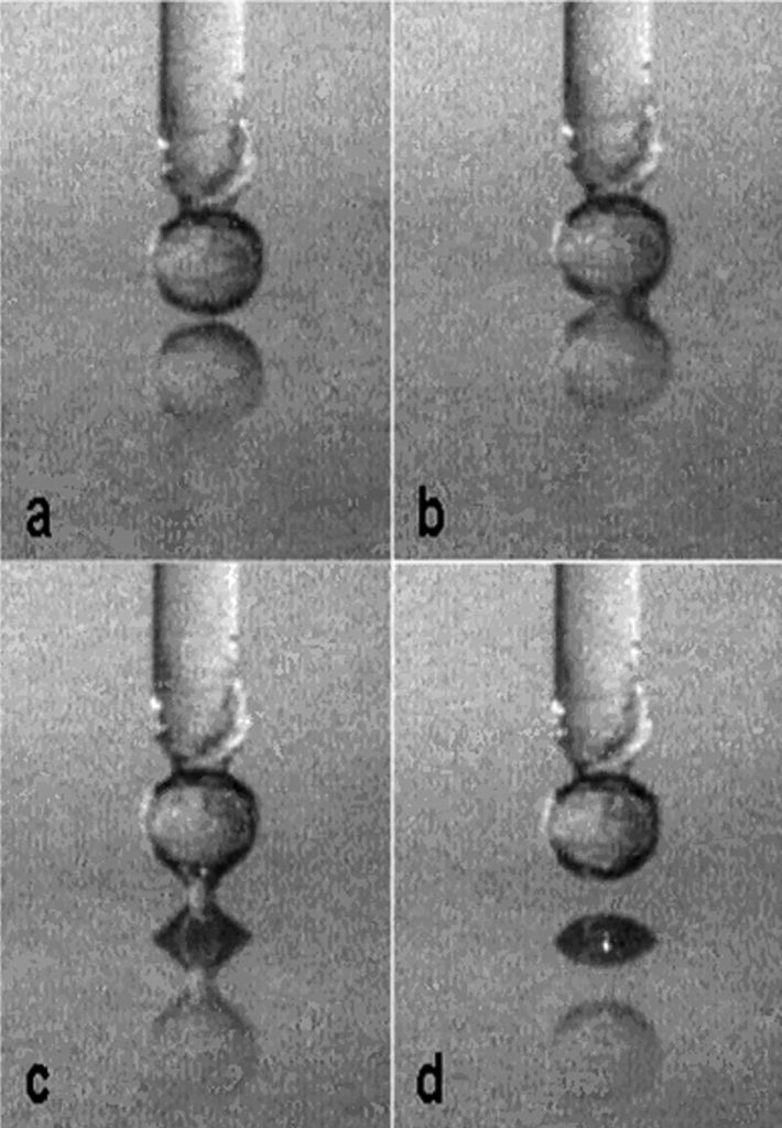 Panel A shows the tip/substrate position just prior to cavitation, which is shown ~33 msec later in Panel B. Panel C shows the cavity meniscus, during tip retraction, one frame prior to its unstable collapse leaving a cavity 