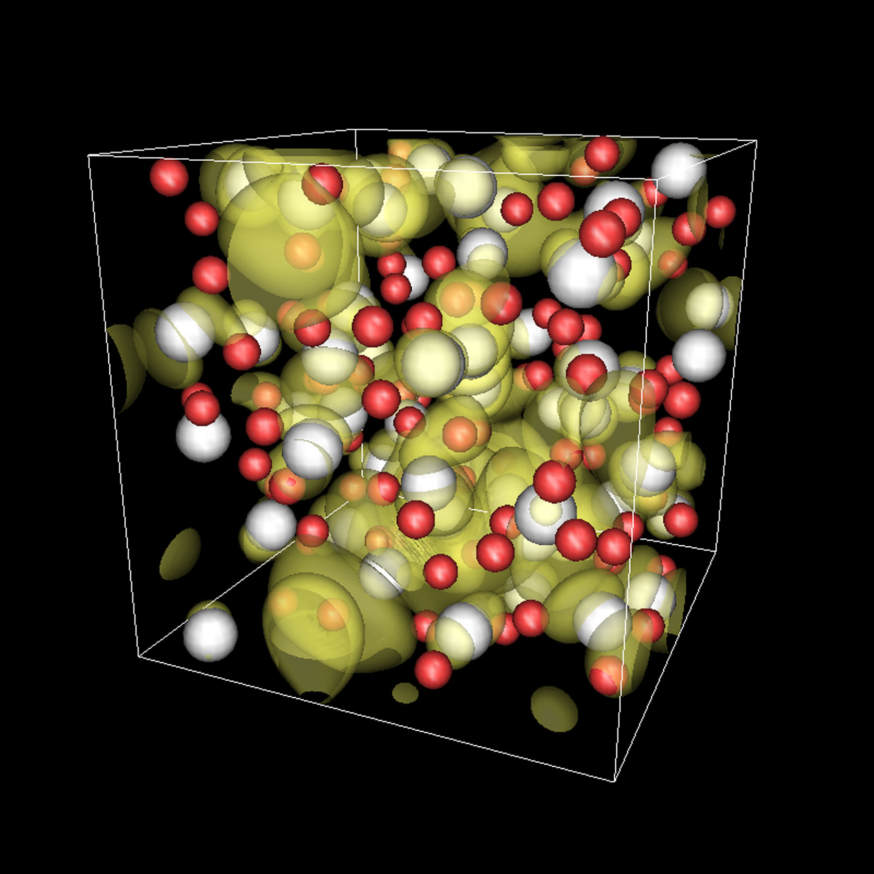 The electrically conducting structure of metallic water occurs at a more accessible part of the water phase diagram than formerly thought. Here, a snapshot from a first-principles computer simulation demonstrates the atomic disorder. Red spheres are hydrogen atoms, white spheres are oxygen atoms, and the electron density from a partially occupied electron state responsible for the conductivity is shown as gold.