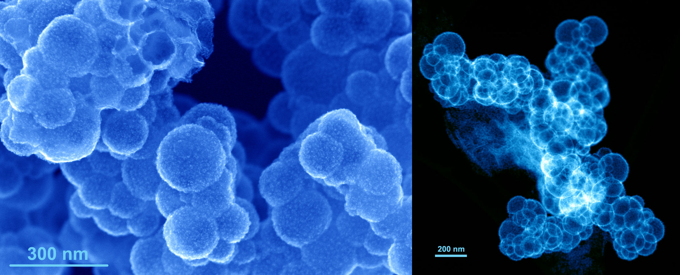 Electron microscope images of hollow platinum nanocages at different magnifications.