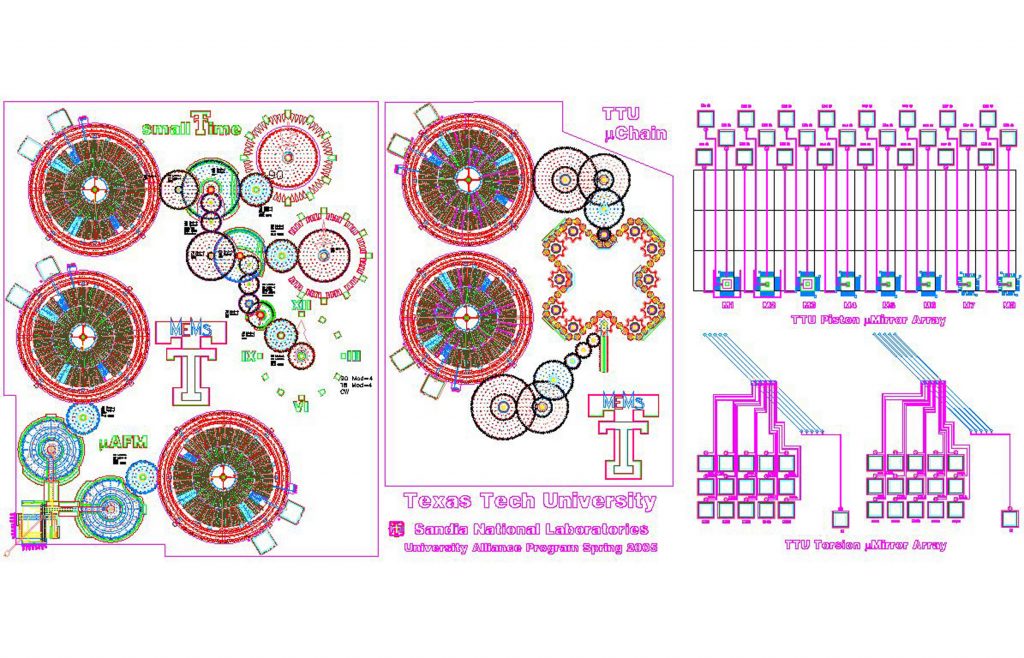 Students of the microworld — student-conceived MEMS devices from Texas Tech to be fabricated at Sandia facilities.Download 300dpi JPEG image, “texas-tech-mems.jpg,” 644K (Media are welcome to download/publish this image with related news stories.)