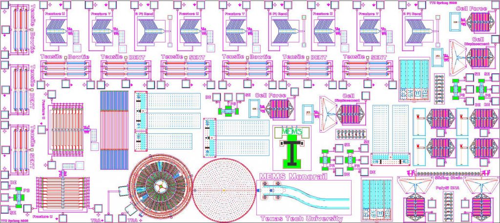 Texas Tech’s winning MEMS Device Characterization design includes structures for the measurement of material properties and a biocell for the characterization of cells and tissues.