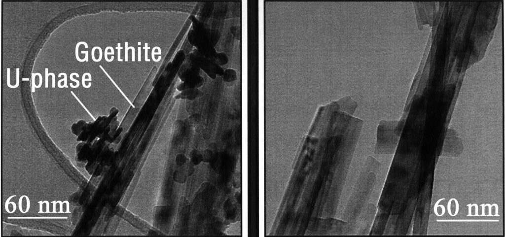 BEFORE AND AFTER -- The photo on the left shows a uranium mineral initially attached to the surface of an iron oxyhydroxide coating. The photo on the right shows the uranium more strongly adsorbed onto the surface of the mineral under more natural conditions.