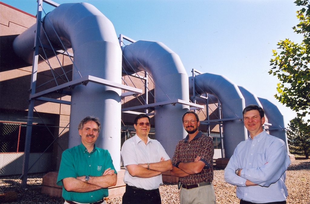 MEMX SPINS OFF— These four Sandia researchers have agreed to join a private spin-off company, MEMX, Inc., to commercialize Sandia-developed microsystems technology. They are, from left, Paul McWhorter, Sam Miller, Jeff Sniegowski, and Steve Rogers.