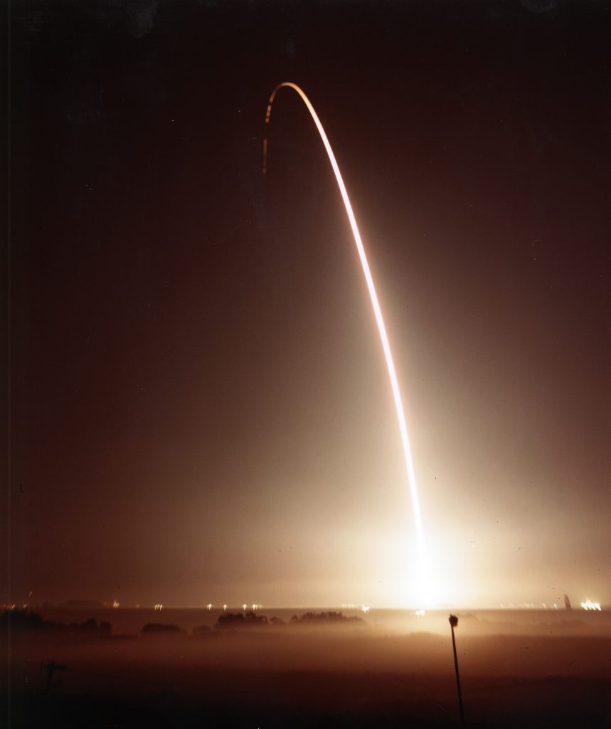 Time-exposure photo of the MTI satellite blasting into the night sky aboard an Orbital Sciences Corporation Taurus rocket early Sunday morning, March 12.