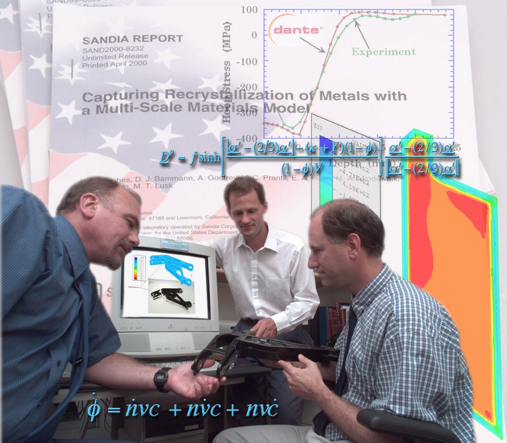 BREAKTHROUGH — Three members of the team that won an R&D 100 award for technological innovation at Sandia this year, (from left to right) Doug Bammann, Mark Horstemeyer and Mike Chiesa, display a control arm from a Cadillac steering system, a part designed with their winning mechanical-property code. This potentially revolutionary code allowed the part to be designed with a nearly 30 percent weight savings, and accurately predicted where the part would break during mechanical testing.