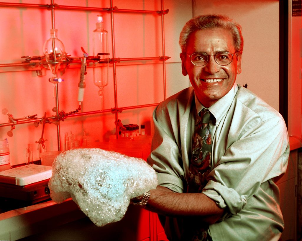 DECON FOAM -- Sandia scientist Maher Tadros displays his Discover Award-winning decontaminating foam for neutralizing chemical and biological agents.