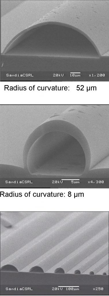 Microscopic views of raised, hemispherical canals ranging from 8 to 100 microns in diameter. A human hair is about 100 microns across.