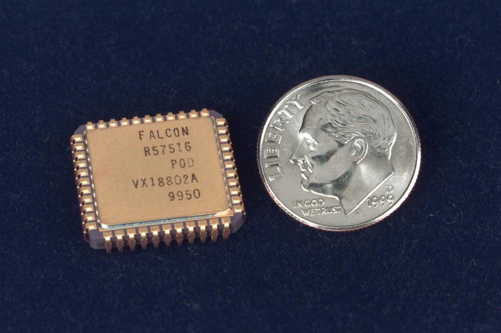 PULSE STRETCHER technique of Ken Condreva’s FALCON integrated circuit, seen here larger-than-life-size next to a Roosevelt dime, makes it a high-resolution, low-cost timekeeper extraordinaire.Download 300dpi JPEG image, ‘falcon_dime_2.jpg’, 132K (Media are welcome to download/publish this image with related news stories.)