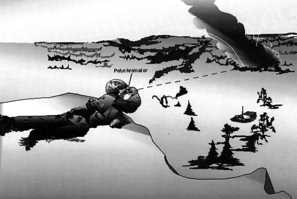 BATTLEFIELD USE -- This computer image simulates a soldier in a battlefield looking remotely at a gas cloud through a pair of binoculars containing the Polychromator chip.