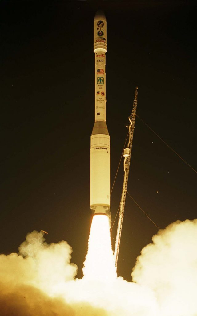 The MTI satellite lifts off from Vandenberg Air Force Base at 1:29 a.m. PST March 12.