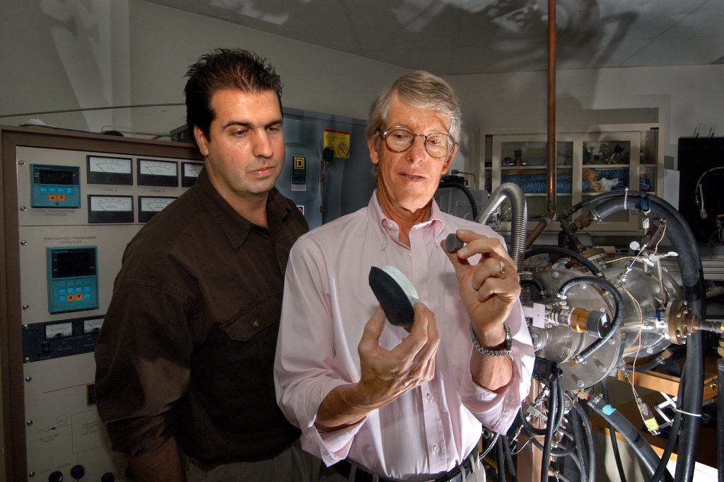 Sandia researchers Ron Loehman, right, and Dale Zschiesche check out material that can withstand twice the amount of heat compared to a conventional piece of a shuttle tile. (Photo by Randy Montoya)Download 300dpi JPEG image, ‘uhtc.jpg’, 752K (Media are welcome to download/publish this image with related news stories.)