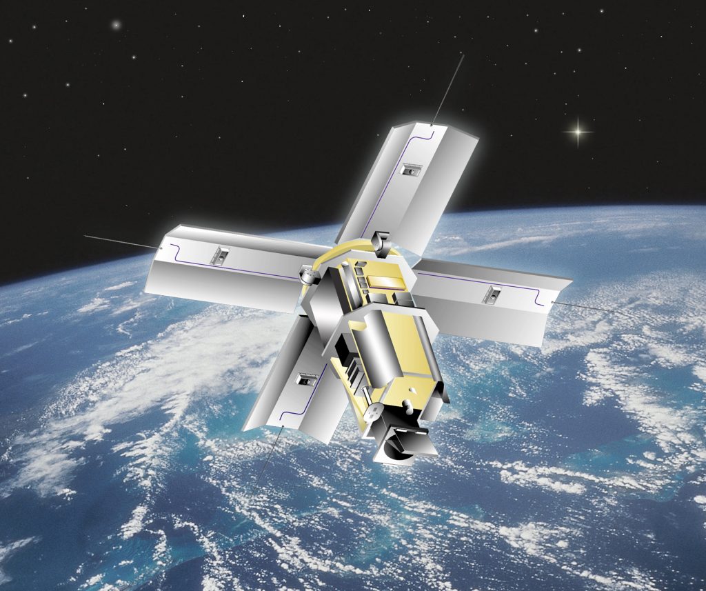 An artist's illustration of the Multispectral Thermal Imager (MTI) satellite in orbit.