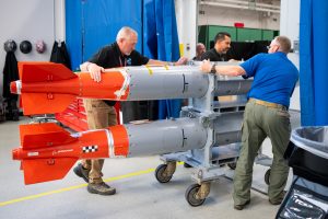 Two B61-12 joint test assembly units are prepared for shipping at the Weapon Modernization Lab at Sandia National Laboratories. The last production unit of the nuclear gravity bomb was completed at the Pantex Plant in December. (Photo by Craig Fritz) Click on the thumbnail for a high-resolution image.