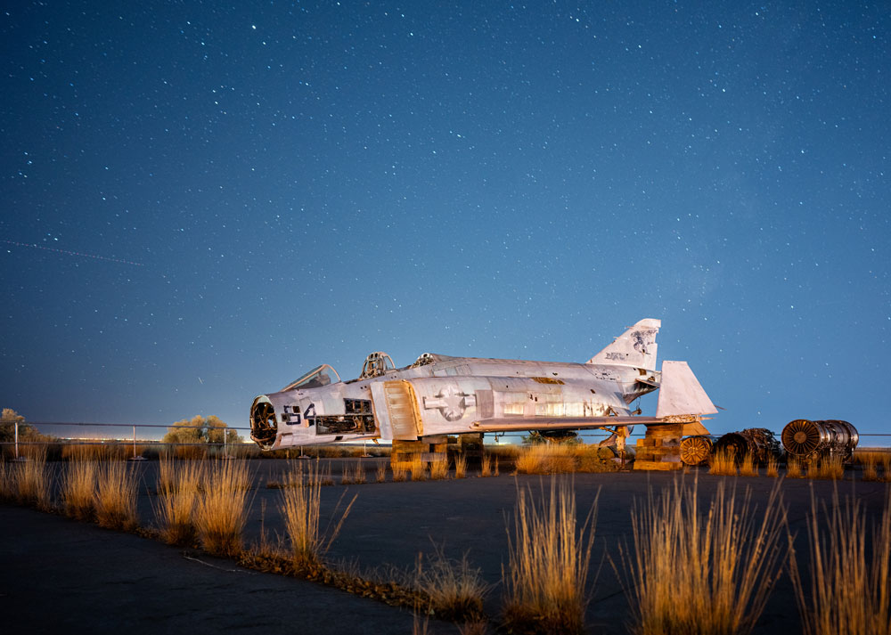 LIKE NEW — What remains of a military aircraft, an F-4 Phantom, is now one of the few objects on what used to be a cluttered concrete pad in Tech Area III. (Photo by Craig Fritz)