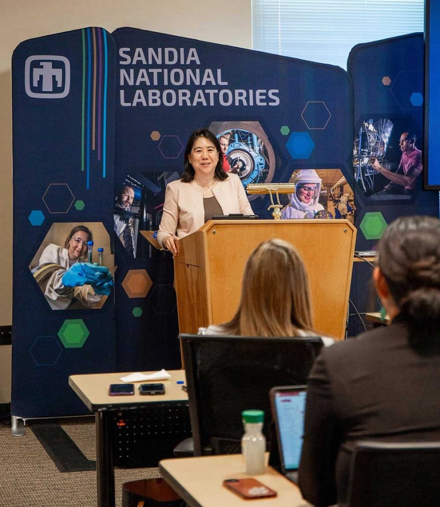 A BOOST FOR SANDIA — Vanessa Chan, chief commercialization officer and director of the DOE Office of Technology Transitions, announces a $7.4 million award for seven Sandia projects. (Photo by Jennifer Plante)