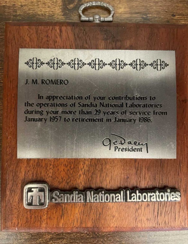 HARD WORK PAYS OFF — Retirement plaque for Jose Romero to recognize 29 years of service at the Labs. (Photo courtesy of Michael Romero)