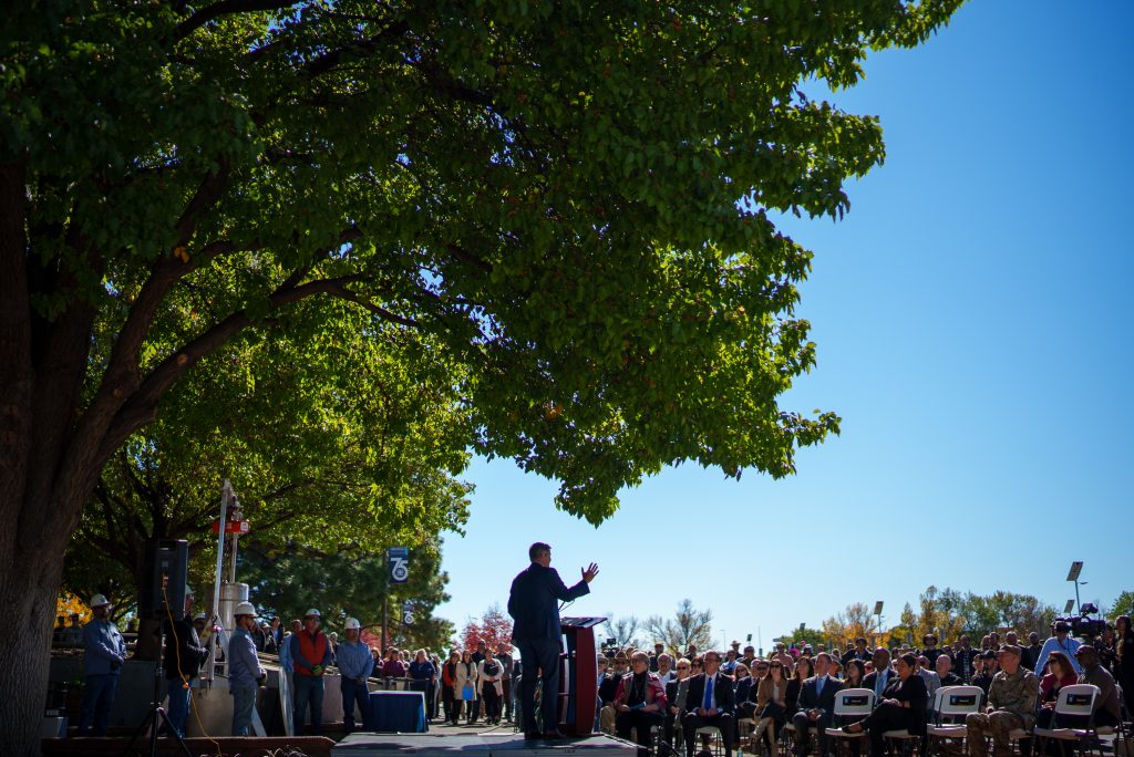 MAYORAL REMARKS — Albuquerque mayor Tim Keller proclaims that Sandia will be recognized for its 75th anniversary on Nov. 1. (Photo by Craig Fritz)