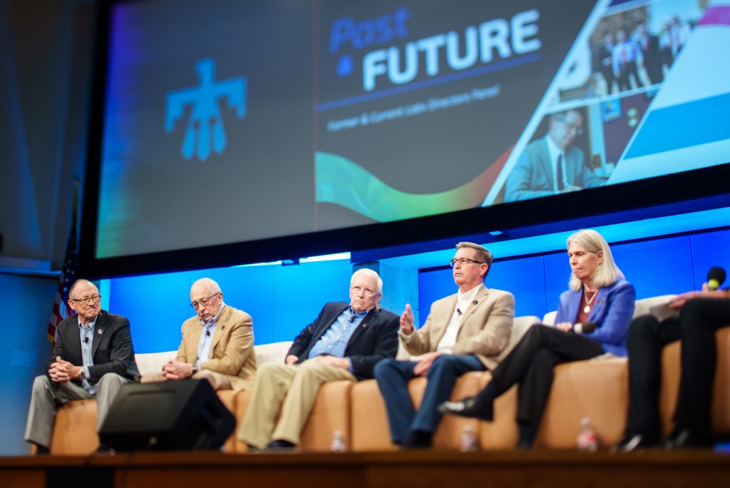 LABS DIRECTOR ROUND UP — From left, Thomas Hunter, Paul Hommert, Steve Younger, James Peery  and Jill Hruby participate in a panel discussion of the current and former Sandia Labs Directors in Steve Schiff Auditorium on Oct. 30. (Photo by Craig Fritz)