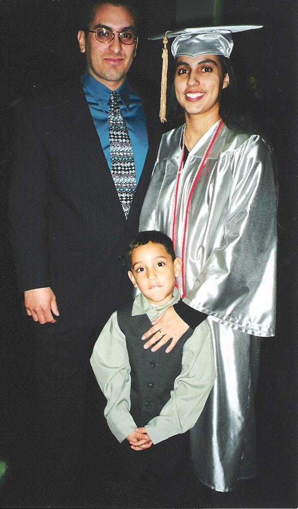 WALKING PROUD — Del poses with her husband Greg and son Jesse after graduating with a bachelor’s degree from the University of New Mexico in 2001. (Photo courtesy of Del Salazar)